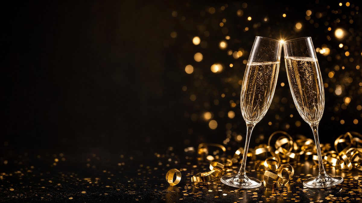 Two champagne glasses toasting over gold confetti