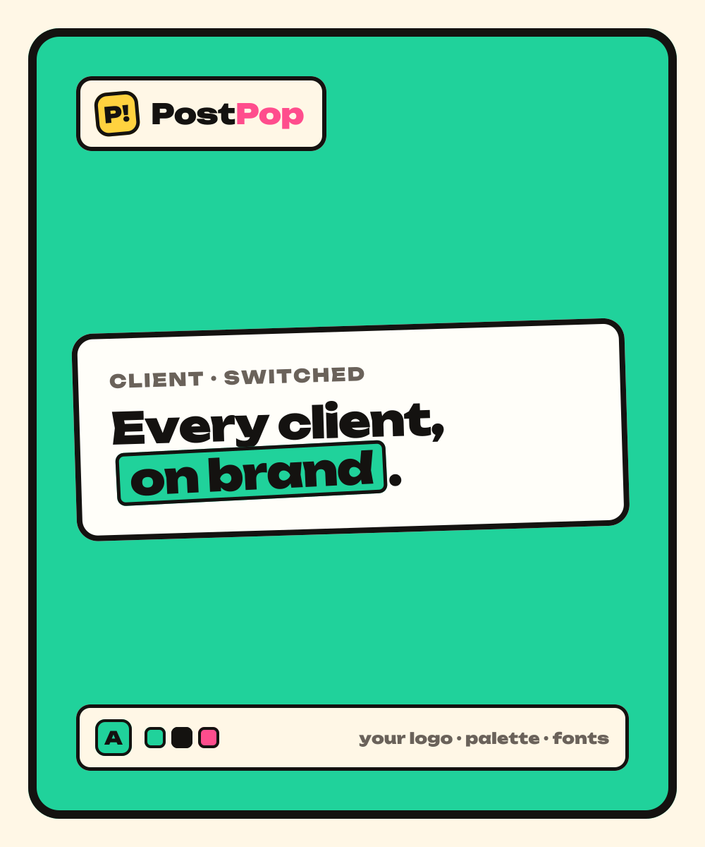 A PostPop post for an agency client, generated in that client’s brand colors, fonts and logo.