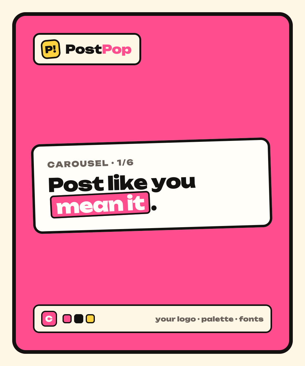 A PostPop carousel slide for a creator, generated in their own brand colors, fonts and logo.